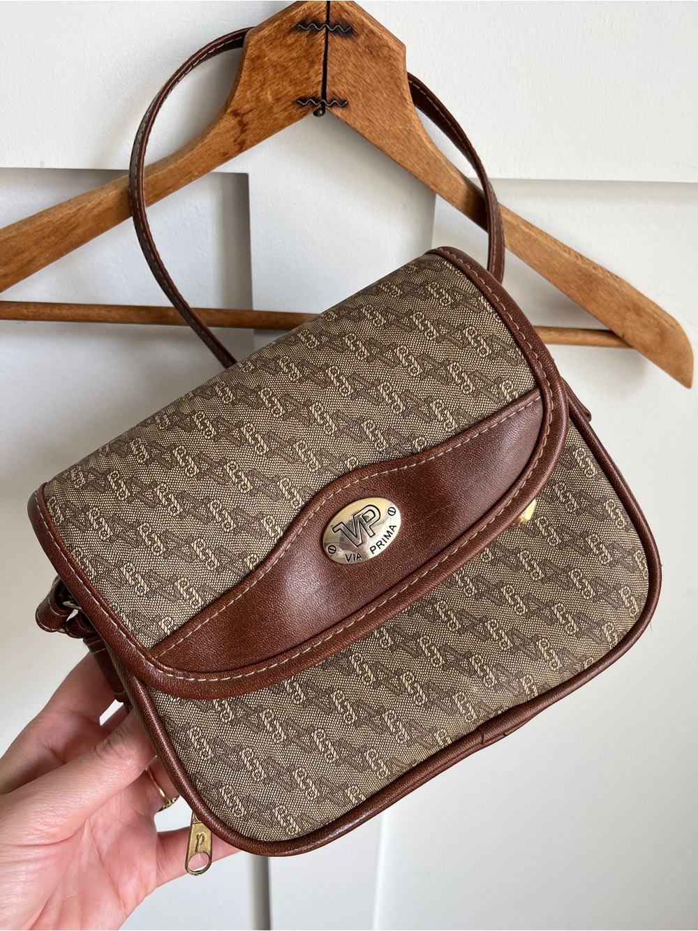 Vintage Via Prima Small Monogram Shoulder Purse Brown